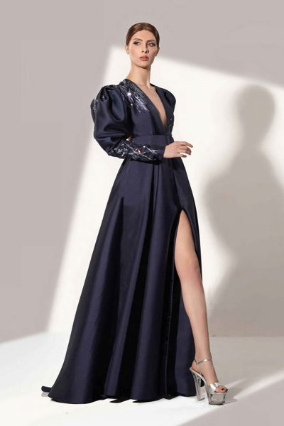 Jean Fares Couture Long Sleeve Deep V Ball Gown | ModeSens