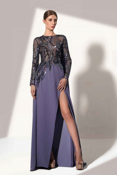 Shop Jean Fares Couture Long Sleeve Beaded Bodice Gown