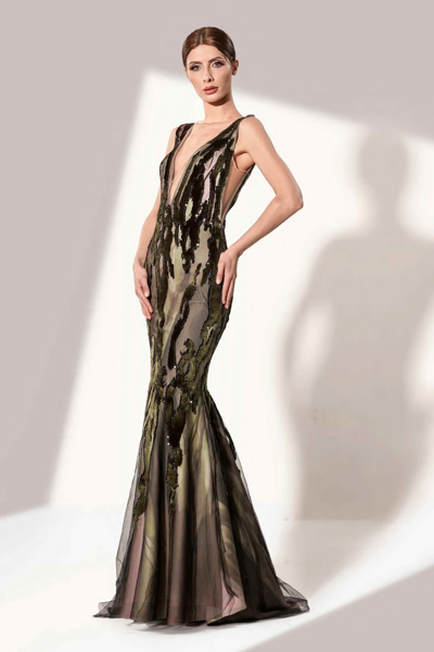 Shop Jean Fares Couture Sleeveless Sequin Fitted Gown