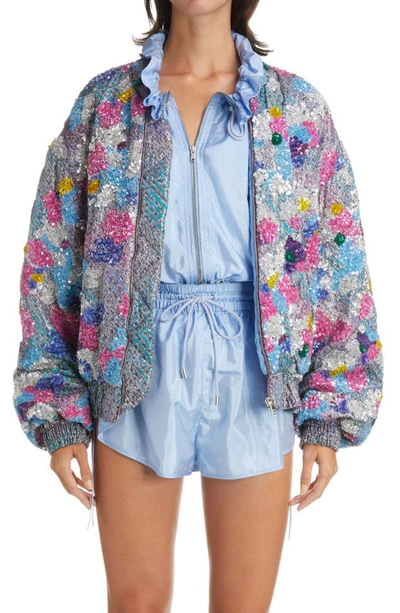 Floral Sequin Embellished Linen Jacket - Neutral Multicolor