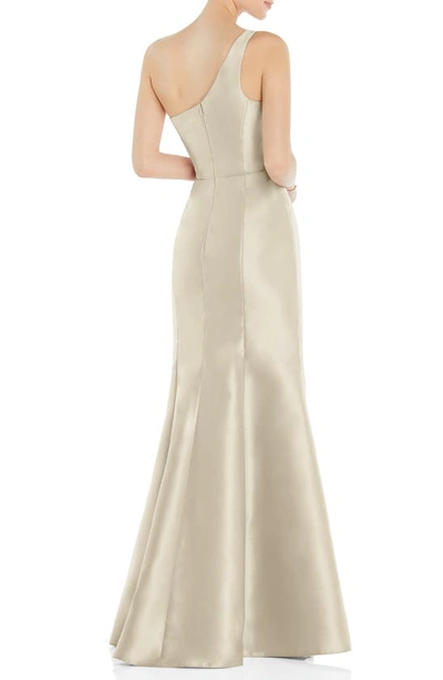 Shop Alfred Sung One-shoulder Satin Twill Trumpet Gown In Champagne