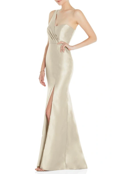 Shop Alfred Sung One-shoulder Satin Twill Trumpet Gown In Champagne