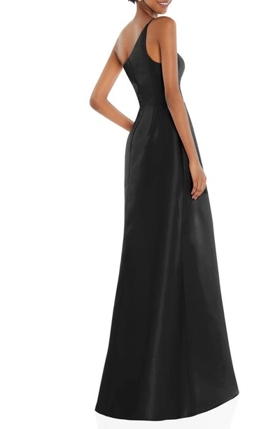Alfred Sung Draped-front One-shoulder Satin Gown In Black