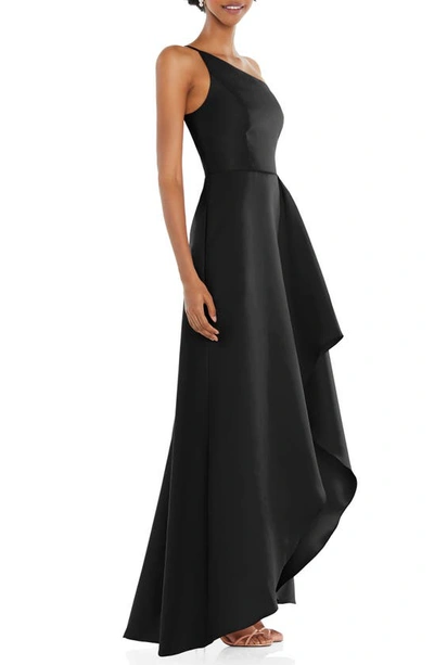 Alfred Sung Draped-front One-shoulder Satin Gown In Black