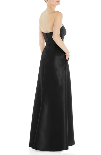 Alfred Sung Strapless Satin Gown With Draped Front Slit And Pockets In Black