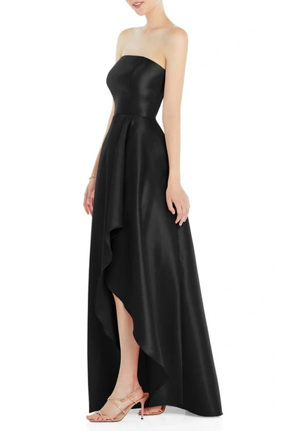 Alfred Sung Strapless Satin Gown With Draped Front Slit And Pockets In Black