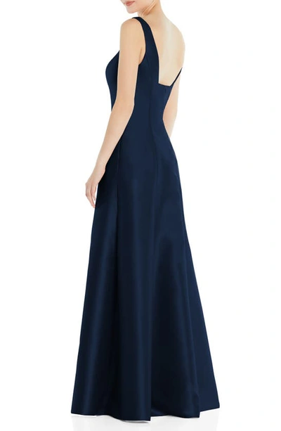 Alfred Sung Square Neck Satin A-line Gown In Midnight Navy