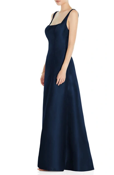 Shop Alfred Sung Square Neck Satin A-line Gown In Midnight Navy