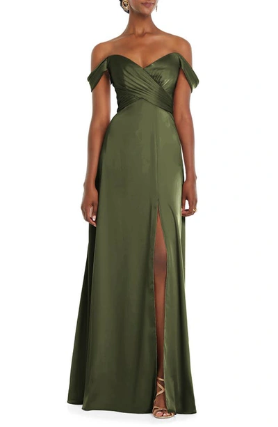 Shop Dessy Collection Off The Shoulder Satin Gown In Olive Green