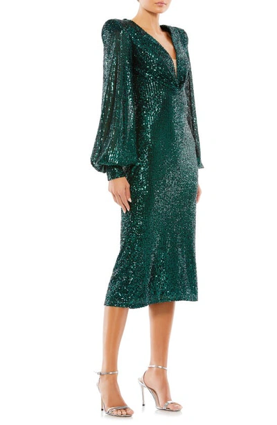 Shop Mac Duggal Sequin Puff Sleeve Midi Dress In Black Emerald