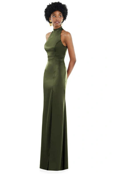 Shop Lovely Open Back Charmeuse Gown In Olive Green