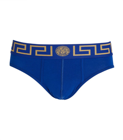 Shop Versace Greca Logo Briefs In Blue