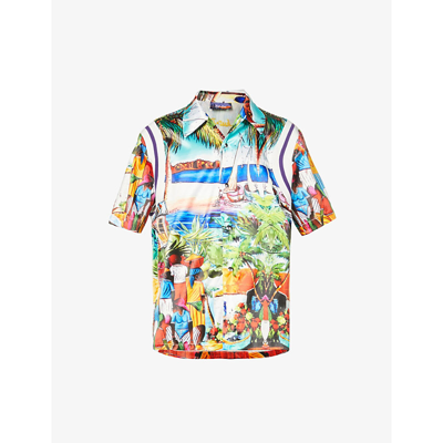 Shop Just Don Graphic-print Boxy-fit Stretch-satin Shirt In Multicolor