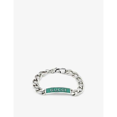 Shop Gucci Men's Silver Logo-engraved Sterling Silver And Enamel Bracelet