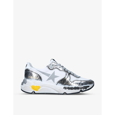 Shop Golden Goose Women's Running Sole 80185 Cracked Metallic-panel Leather Mid-top Trainers In Silver