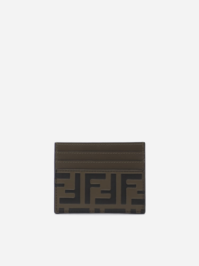 Shop Fendi Leather Card Holder With Embossed Ff Motif In Brown
