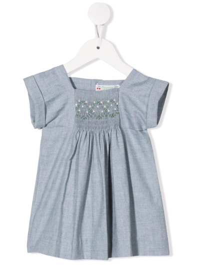 Shop Bonpoint Smocked Short-sleeve Dress In Blue