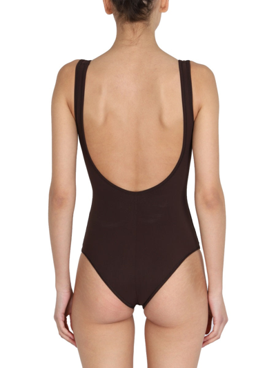 Shop Jil Sander One Piece Swimsuit With Logo Print In Brown