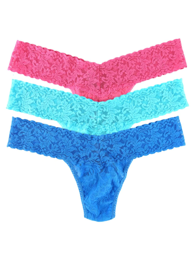 Shop Hanky Panky Low Rise 3-pack Signature Lace Thong In Sugar Pink Cerulean Blue Beau Blue