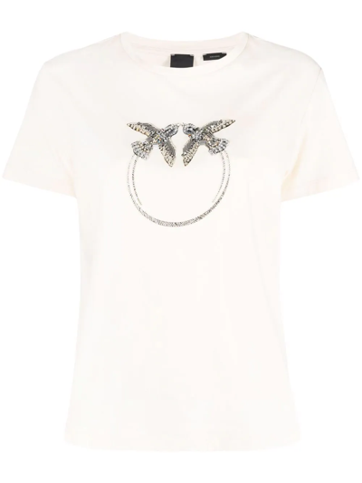 Shop Pinko Crystal-embellished Logo Cotton T-shirt In Black