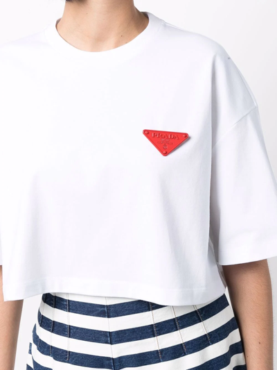 Shop Prada Triangle-brooch Cropped T-shirt In Black