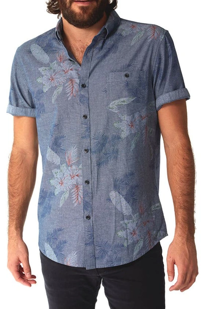 Shop Px Short Sleeve Floral Chambray Button Front Shirt In Blue