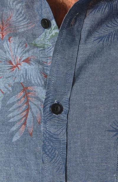Shop Px Short Sleeve Floral Chambray Button Front Shirt In Blue