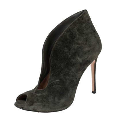 Pre-owned Gianvito Rossi Green Suede Vamp Peep Toe Booties Size 39