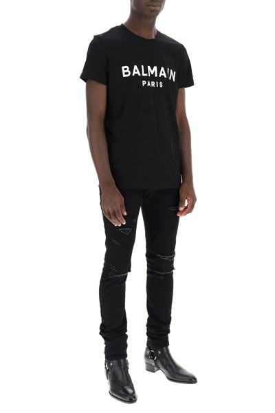 Shop Balmain T-shirt With Flocked Logo In Black,white