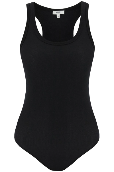 Shop Agolde Ribbed Cotton Bodysuit In Black