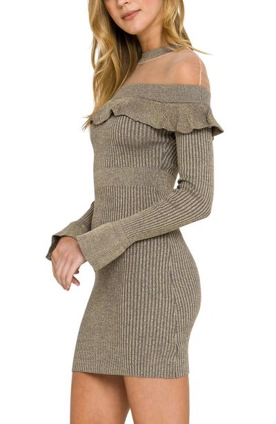 Endless Rose Off The Shoulder Illusion Dress In Heather Grey/ Gold
