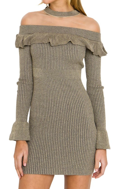 Endless Rose Off The Shoulder Illusion Dress In Heather Grey/ Gold