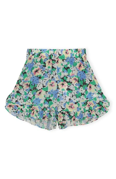 Shop Ganni Ruffle Organic Cotton Shorts In Floral Azure Blue