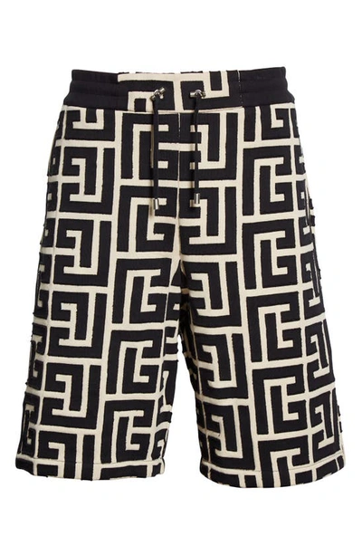 Shop Balmain Monogram Cotton Bermuda Shorts In Gfe - Ivory/ Noir