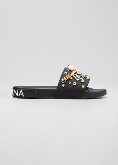 Shop Dolce & Gabbana Men's Logo Mix Stud Pool Slide Sandals In Black