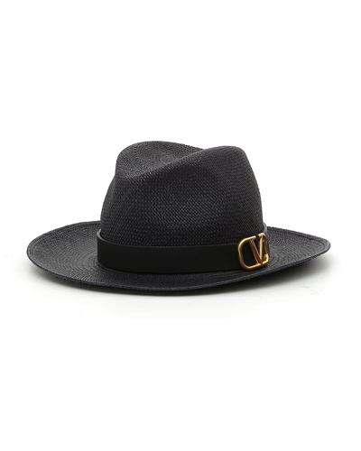 Shop Valentino Vlogo Straw Fedora Hat In Black