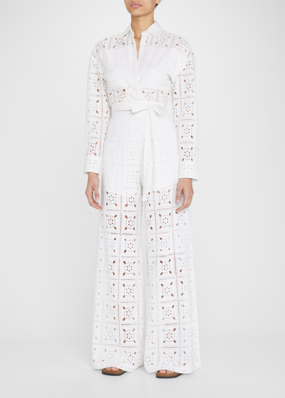 Shop Miguelina Pamela Wide-leg Eyelet Pants In Pure White