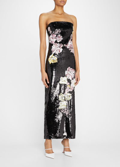 Shop Monique Lhuillier Sequined Floral-embroidered Strapless Column Gown In Noir Multi