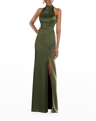 Shop Lovely Backless High-neck Column Gown In Olive Green