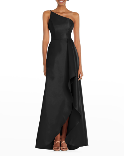 Shop Alfred Sung Draped-front One-shoulder Satin Gown In Black