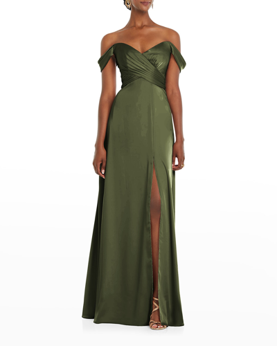 Shop Dessy Collection Off-the-shoulder Flounce-sleeve Gown In Olive Green