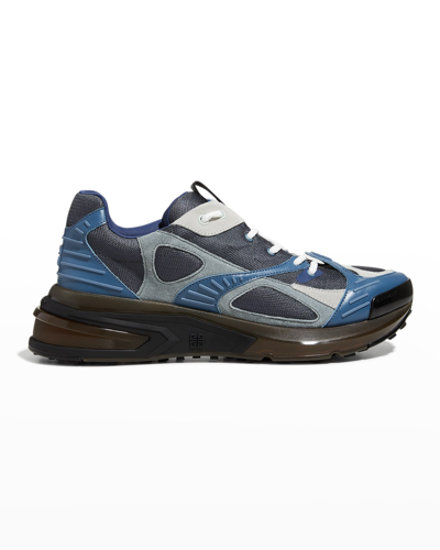 Shop Givenchy Men's Giv 1 Tr Mesh & Leather Low-top Runner Sneakers In Steel Blue