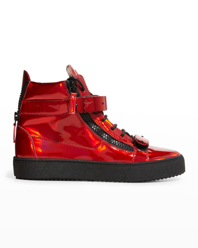 Shop Giuseppe Zanotti Men's Metropolis Metallic Double-zip High-top Sneakers In Red