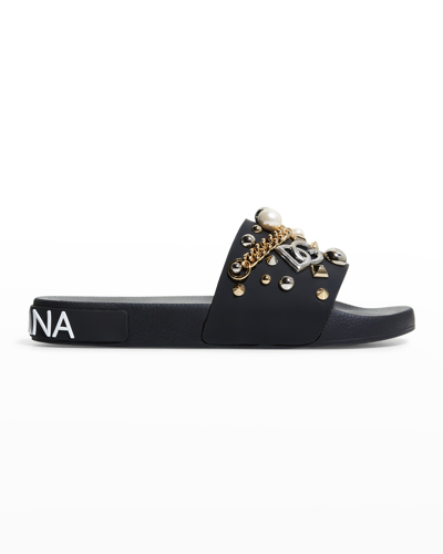 Shop Dolce & Gabbana Men's Logo Mix Stud Pool Slide Sandals In Black