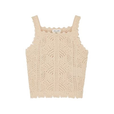 Shop Saint Laurent Sand Cropped Crochet-knit Top In Natural