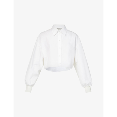 Shop Alexander Mcqueen Cropped Spread-collar Cotton-poplin Shirt In Opticalwhite