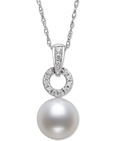 Shop Belle De Mer Cultured Freshwater Pearl (7mm) & Diamond (1/20 Ct. T.w.) Circle 18" Pendant Necklace In 14k White G In White Gold