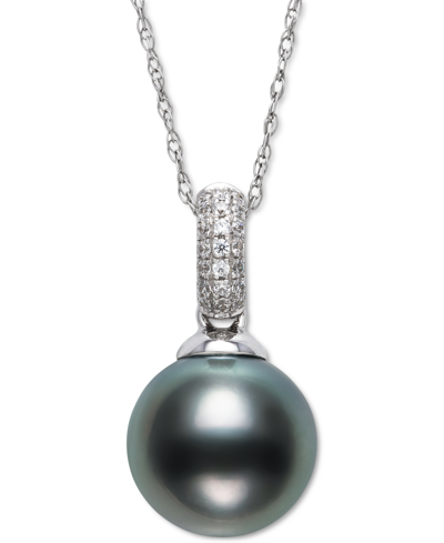 Shop Belle De Mer Black Cultured Tahitian Pearl (8mm) & Diamond (1/20 Ct. T.w.) 18" Pendant Necklace In 14k White Gold