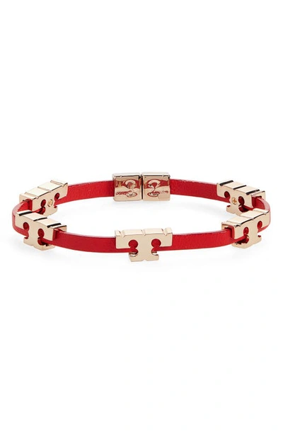 Shop Tory Burch T-logo Single Wrap Bracelet In Tory Gold / Brilliant Red