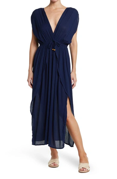 Shop Boho Me V-neck Front Tie Cover-up Maxi Dress In Navy